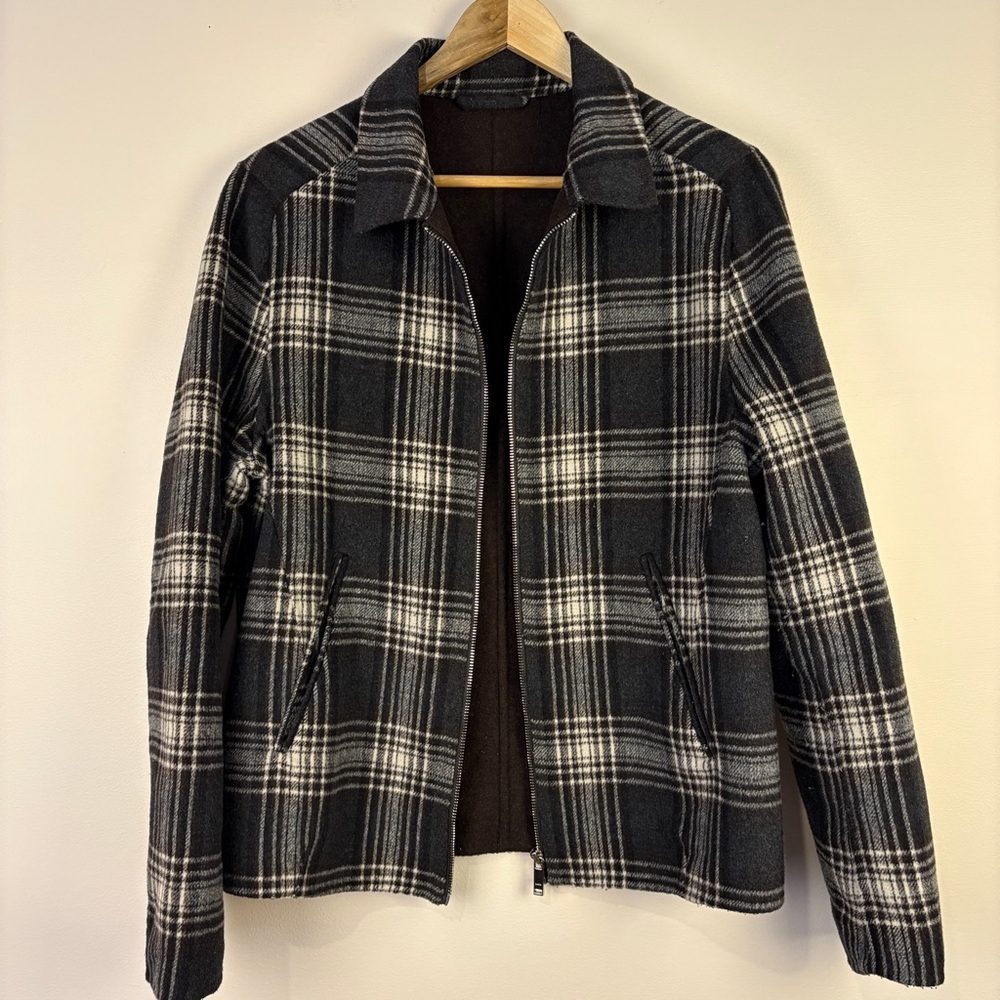 Zara Dark Brown Gray Plaid Wool Blend Bomber Jacket Academia Cabincore